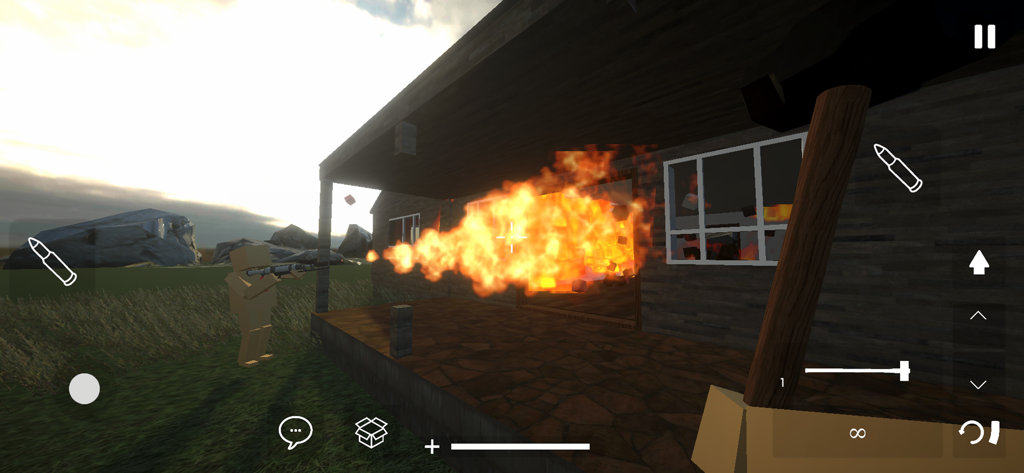 First person perspective of a building explosion in the Building Destruction sandbox game