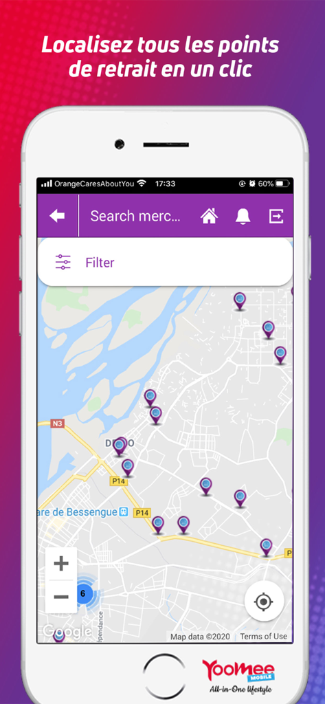 YooMee Mobile All In One - Map interface of YooMee Mobile app showing withdrawal points and merchant locations in Cameroon