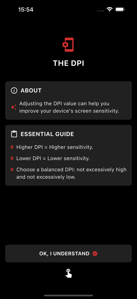 DPI sensitivity guide screen for Only Red Settings app