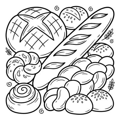 Dive into a delicious world of freshly baked goods with this charming coloring page, specially designed for young artists. Kids aged 4-8 will love bringing these hearty breads and savory treats to life with their favorite colors.