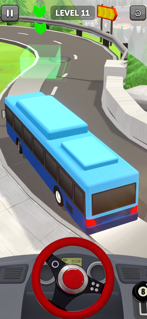 Vehicle Master 3D Driving Game - A blue bus navigating a curved mountain road in a 3D driving simulator with a virtual steering wheel overlay