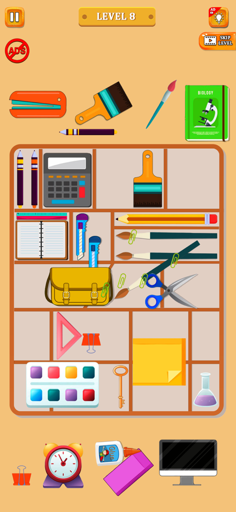 Organize It Perfect Tidy Life - Pantalla de juego de un puzzle de organización nítido que muestra varios útiles escolares y de oficina organizándose en un estante