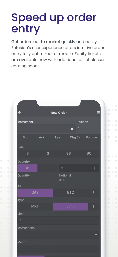 Enfusion Mobile trading order entry interface for investment professionals