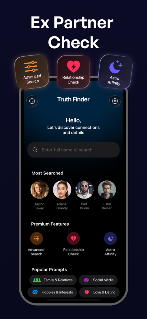Interface of the Truth Finder app featuring a search bar for relationship checks and advanced search options