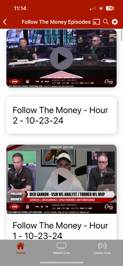 VSiN Watch - VSiN Watch app screen displaying video episodes for Follow The Money.