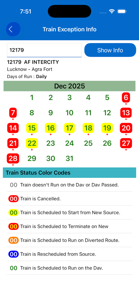 NTES - NTES app screen showing a calendar with train status color codes and exception information for Indian Railways