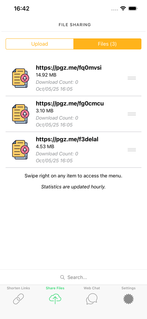 Interface showing a list of shared files with download statistics and file sizes in the Web Dual app
