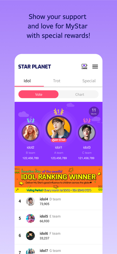 스타 플래닛: SBS M 더 쇼, 더 트롯쇼 투표 - K-pop idol ranking leaderboard and voting results on the Star Planet app