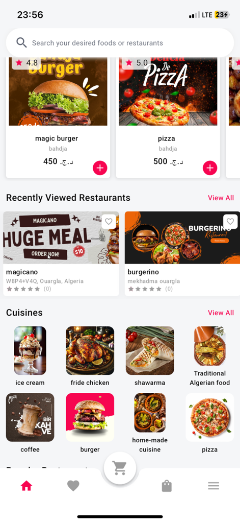 The Wajbati food delivery app home screen displaying restaurant options and food categories like burgers pizza and shawarma