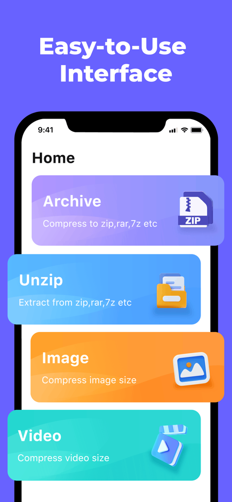 Pantalla de inicio de la aplicación Unzip mostrando botones para archivar, descomprimir y comprimir imágenes y videos con una interfaz fácil de usar.