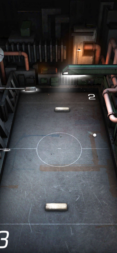 Jugabilidad de Ping Pong 3D mostrando una partida en el nivel de la máquina industrial con una puntuación de tres a dos.