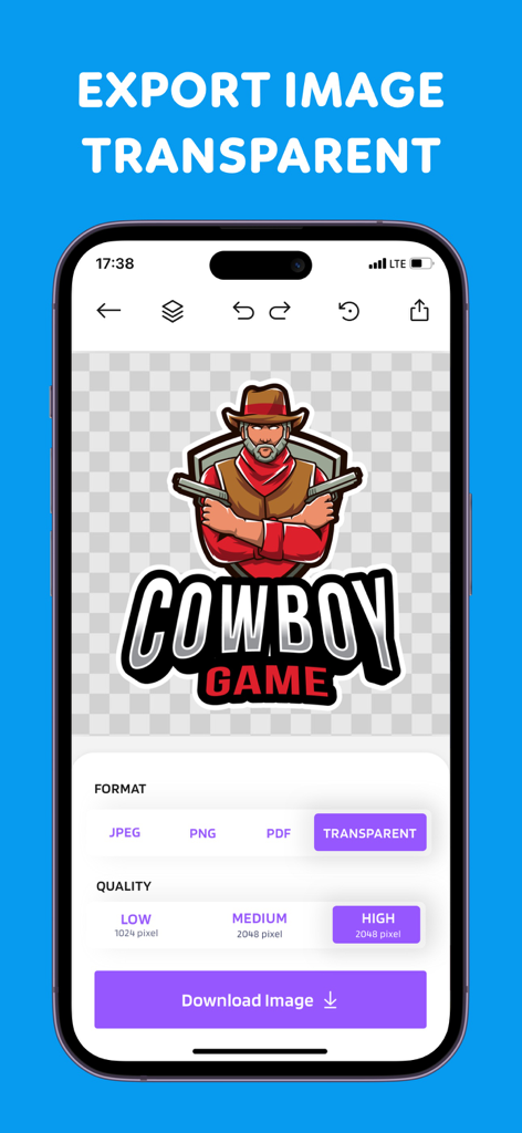 Logo Maker : Flyer Maker - Interface of a logo maker app showing a cowboy game logo being exported with a transparent background and high quality settings.