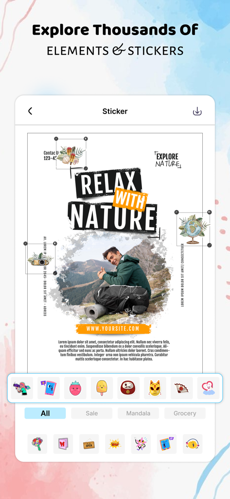 Kriadl app screen showcasing a vast selection of stickers and design elements for creating professional posters.