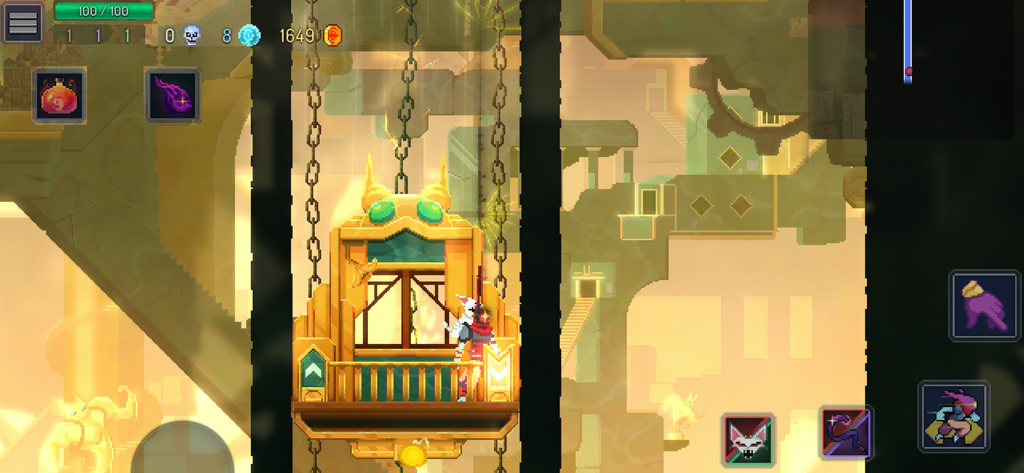 Dead Cells: Netflix Edition - Captura de tela de gameplay de Dead Cells Netflix Edition mostrando um personagem em uma plataforma de elevador dourada