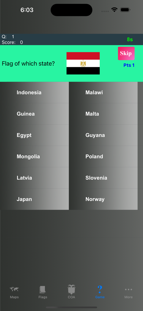 Country Flags, Maps, Capitals - Mobile app interface showing a country flag identification quiz featuring the flag of Egypt.
