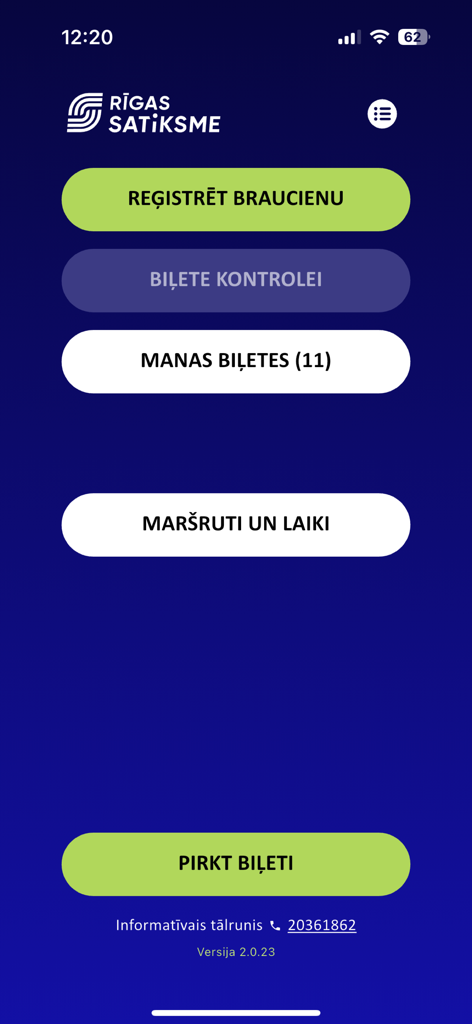 Rīgas satiksmes koda biļete - チケット登録とルート計画のオプションを表示するリガ交通アプリのメインメニュー