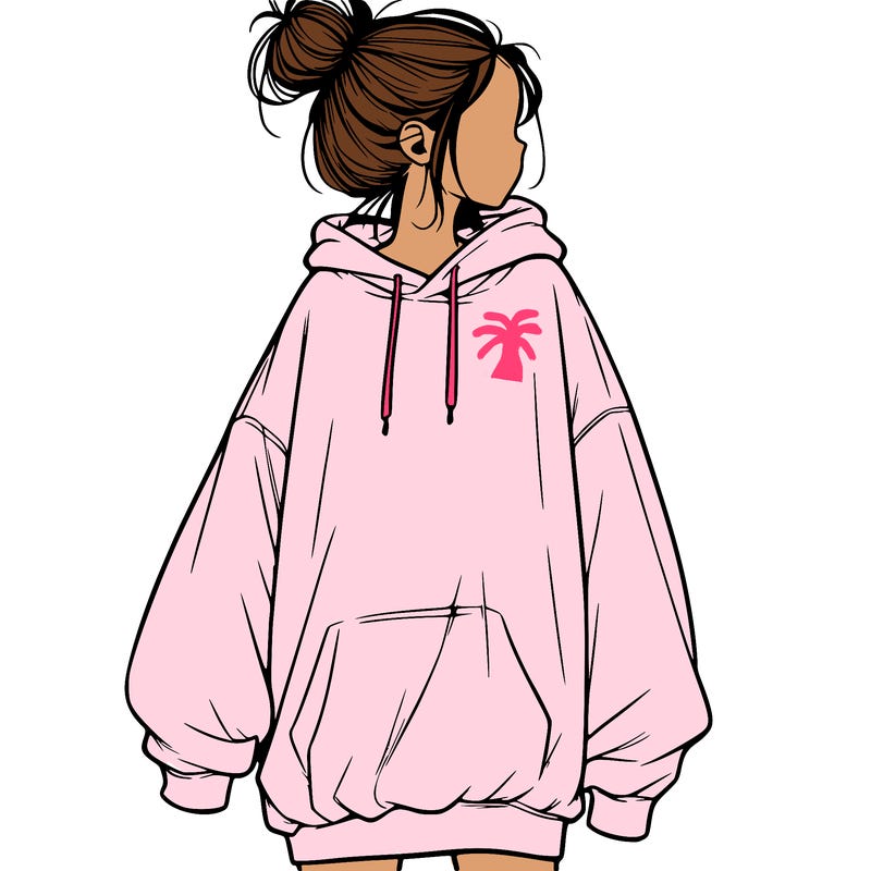 realistic girl with a oversized sweatshirt on and a bun