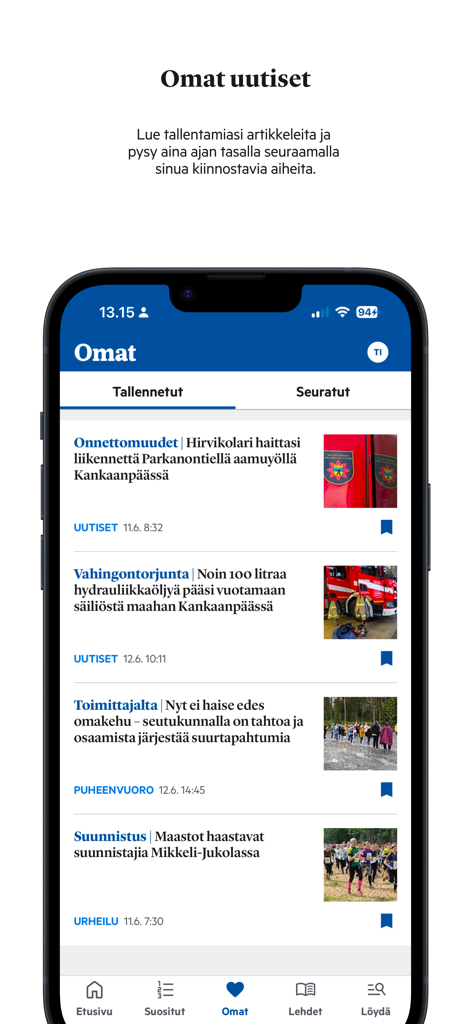Kankaanpään Seutu - A mobile interface of the Kankaanpaan Seutu news app showing a list of saved and followed local news articles in Finnish