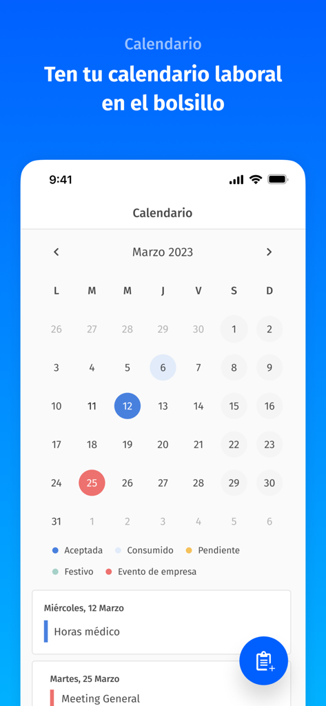 Woffu - Time management - Interfaz de la aplicación Woffu que muestra un calendario de trabajo mensual con seguimiento codificado por colores para ausencias y eventos de la empresa