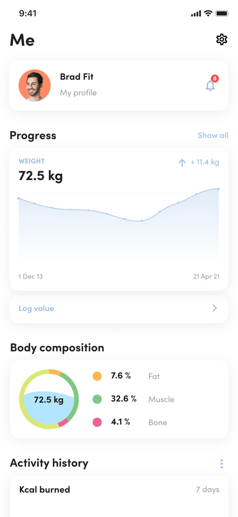 Aura Fitness Club App - Aura Fitness Club App user profile screen displaying a weight progress chart and body composition metrics including muscle and fat percentages