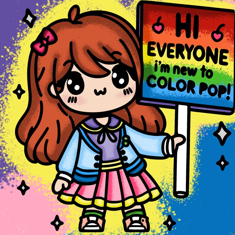 a cute girl holding a sign that says hi everyone i’m new to color pop!
