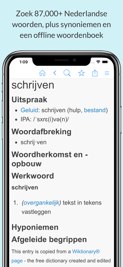 Ein Screenshot der Nederlands Woordenboek App, der die Definition und Aussprachedetails für das niederländische Wort schrijven zeigt.