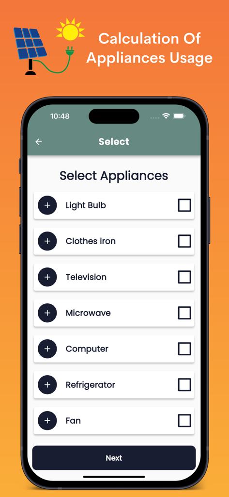 Interface do aplicativo Calculadoras Solares para selecionar eletrodomésticos para calcular o consumo de energia.