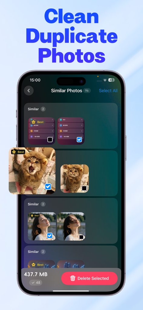 重複写真を特定し、保持する最適なショットを提案している類似写真クリーンアップ機能を示すiPhone画面