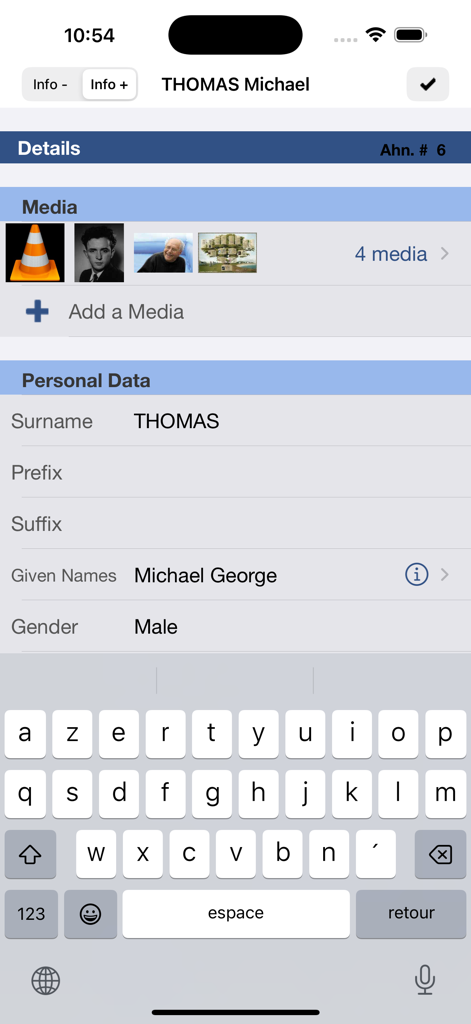 Editing personal data and media for a family member in the Heredis 2026 mobile app