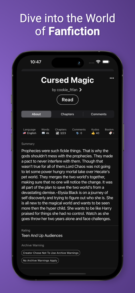 FanFiction | AO3 unofficial - Mobilbildschirm zeigt die Zusammenfassung und Metadaten einer Fanfiction-Geschichte mit dem Titel Cursed Magic in der AO3 inoffiziellen App mit dunklem Modus Interface.