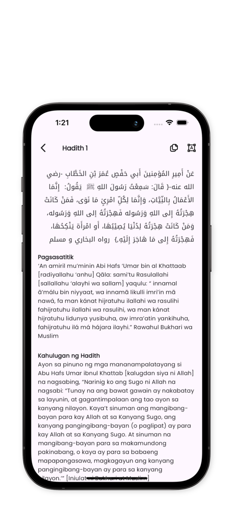 40 Hadith ni Imam An-Nawawiy - Pantalla de la aplicacin mvil que muestra el primer Hadith con texto en rabe y traduccin al tagalo