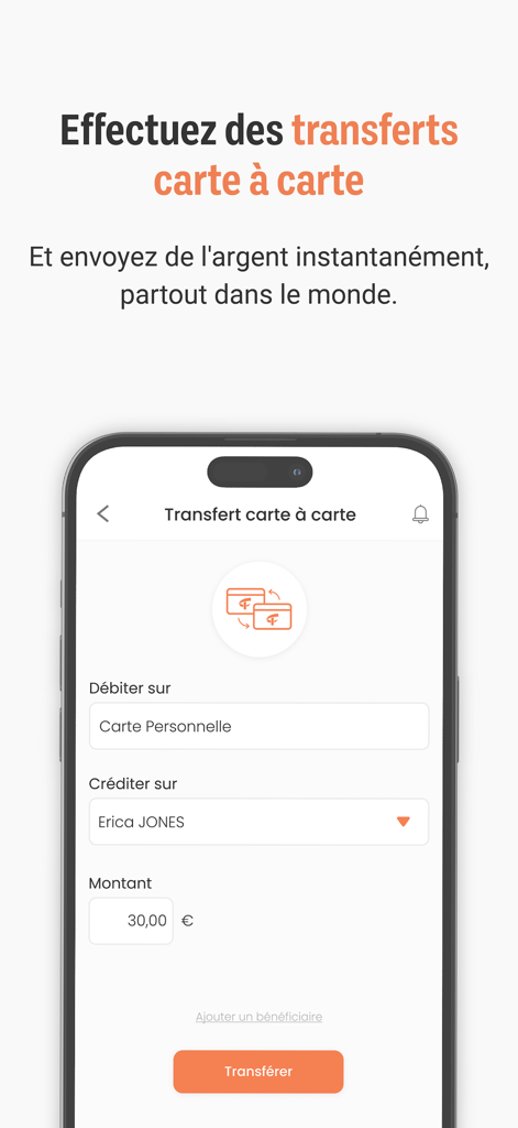 Écran de l'application Toneo First pour les transferts d'argent instantanés de carte à carte