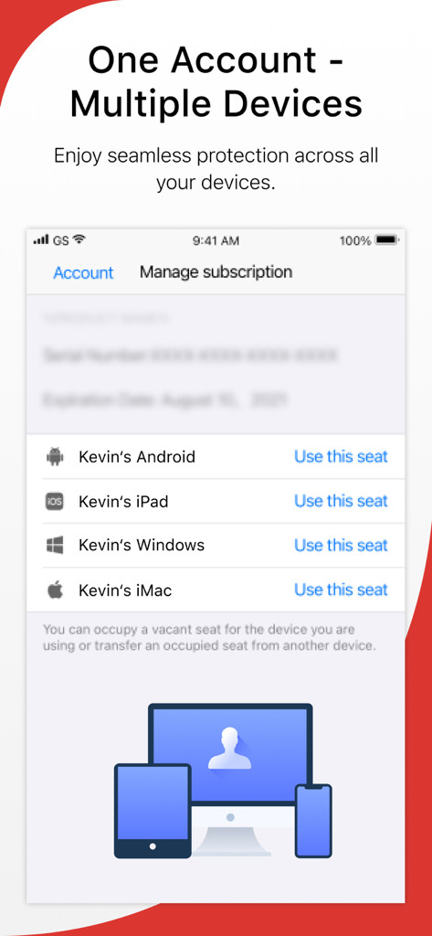 Trend Micro VPN interface showing one account protecting multiple devices like mobile and desktop