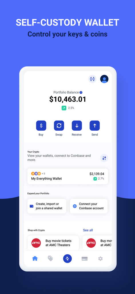 Interfaz de la aplicación móvil BitPay que muestra un tablero de billetera de autocustodia con el saldo del portafolio y herramientas de gestión de criptomonedas