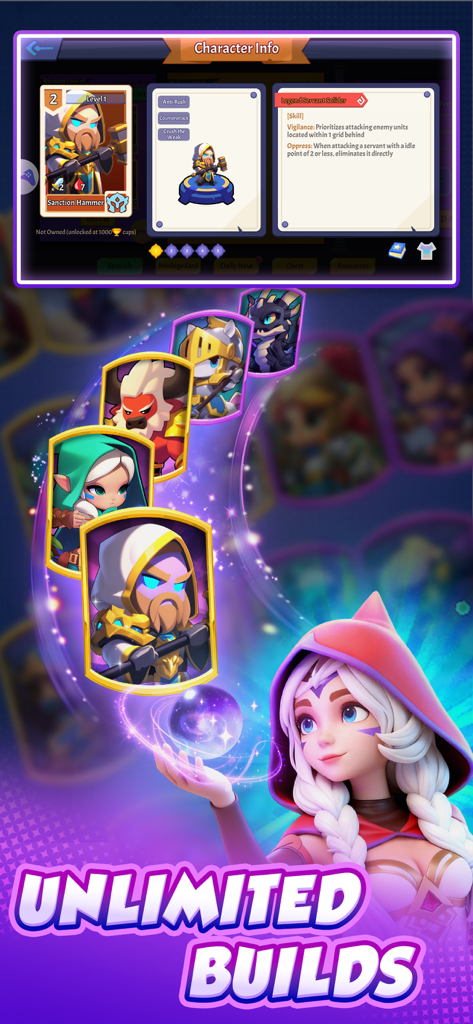 Checkmate Clash - Interfaz del juego Checkmate Clash mostrando información de personajes y construcciones de mazos estratégicas ilimitadas