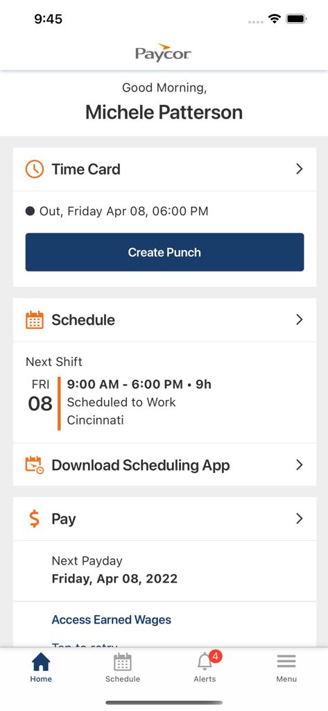 Paycor Mobile app home screen showing employee time card schedule and pay details