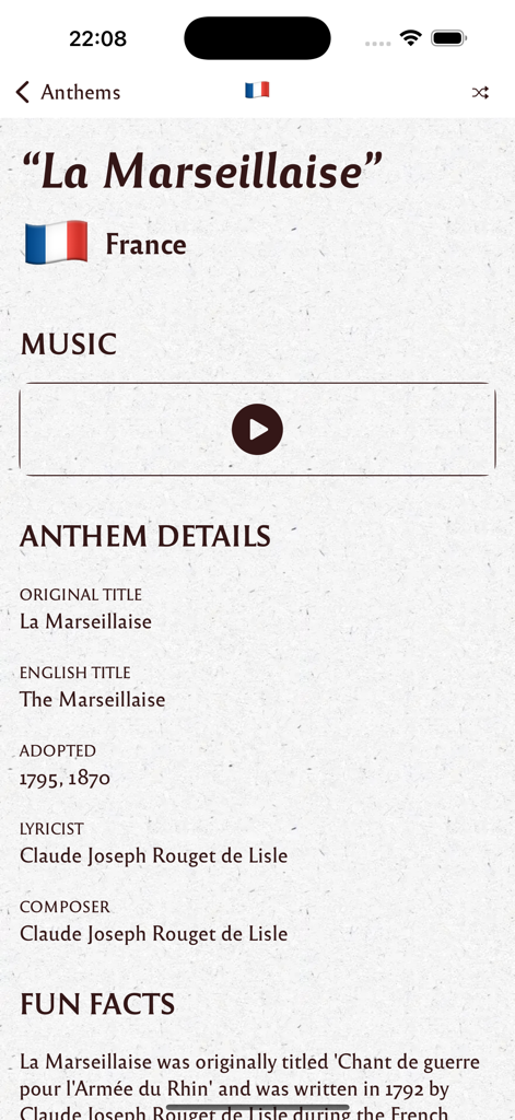 Detailed view of the French national anthem La Marseillaise with audio controls and historical information