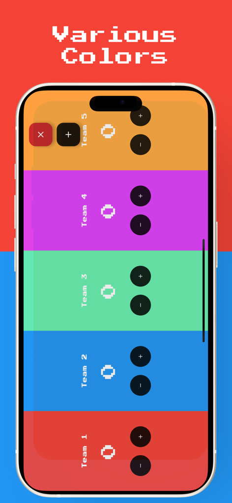 Score Keeper - Scoreboard - Score Keeper app showing multiple teams assigned with different vibrant colors and retro style scoring buttons