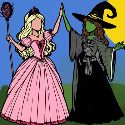 detailed realistic split of a princess and a witch