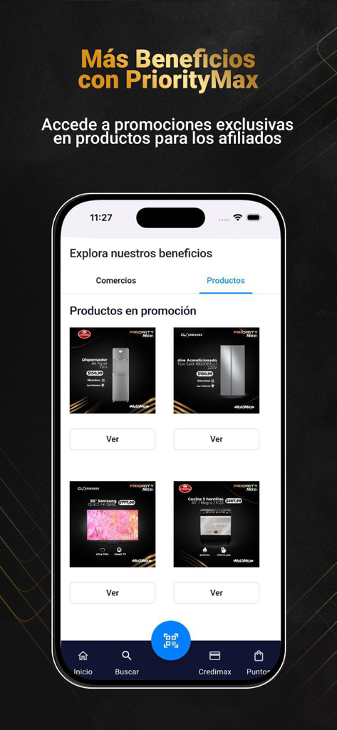 PriorityMax mobile app showing exclusive product promotions and member benefits screen.