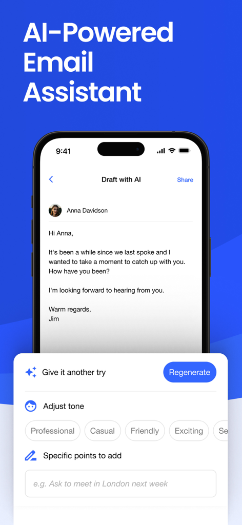 Covve CRM Manage your contacts - Covve CRM KI-gestützter E-Mail-Assistent, der eine Nachfassnachricht mit Optionen zur Tonanpassung entwirft