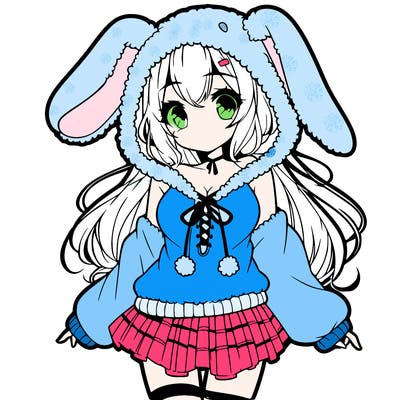 pretty anime girl wearing a fluffy hoodie with bunny ears on the hood and a skirt
