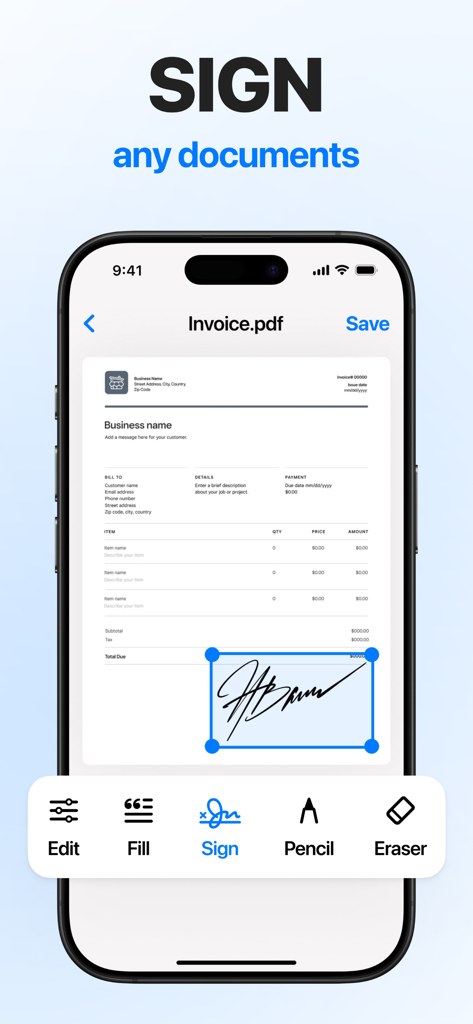 eSign: Fill, Sign Documents - Firma digital aplicándose a una factura comercial en una aplicación móvil de smartphone