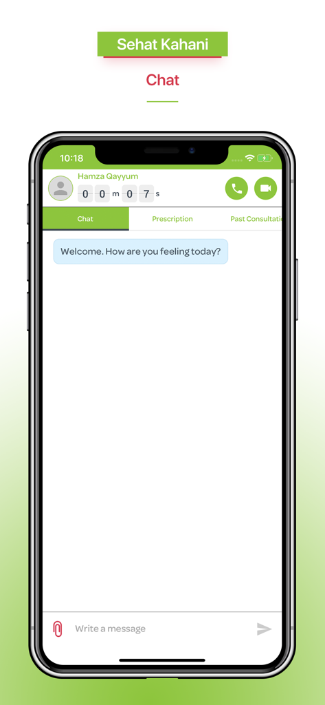 Aplicativo Sehat Kahani Corporate mostrando uma sessão de chat ativa com um médico para consulta médica