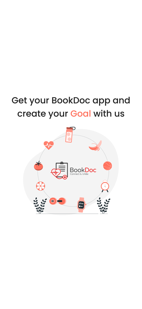 다양한 건강 아이콘과 사용자의 피트니스 목표 설정을 권장하는 텍스트가 포함된 BookDoc 앱 화면