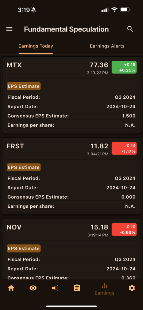 Pantalla de ganancias de hoy en FundSpec que muestra las estimaciones de BPA de las acciones y las fechas de los informes.