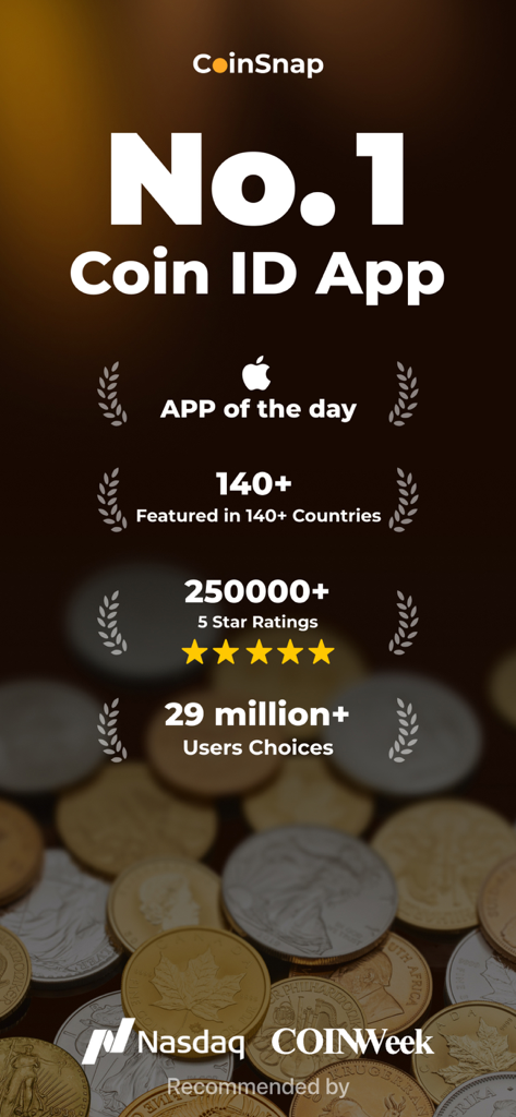 CoinSnap app promotional screen highlighting its status as the top coin identification app with over 29 million users and professional endorsements from Nasdaq and CoinWeek.