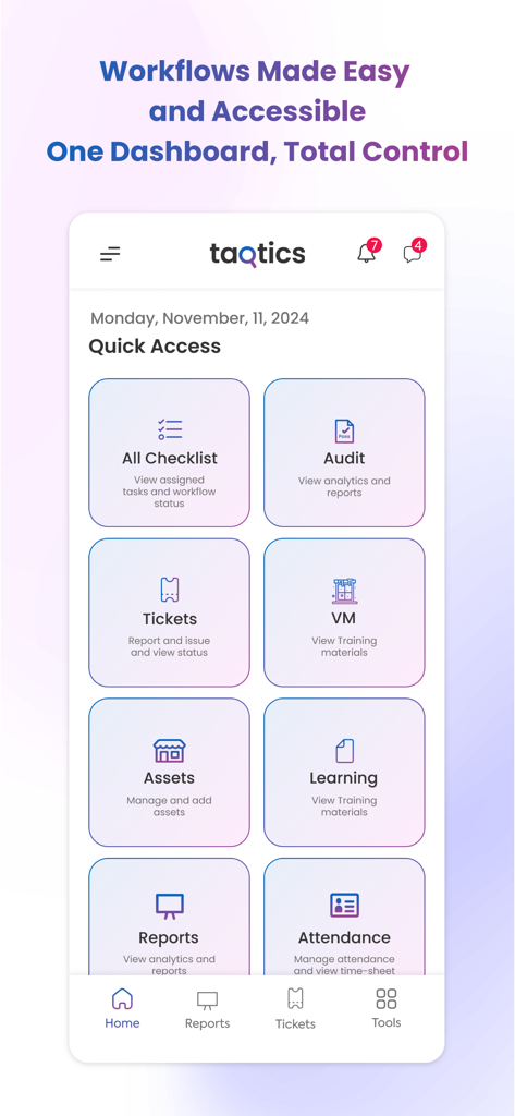 Taqtics mobile app dashboard showing quick access tools for retail management including checklists and audits