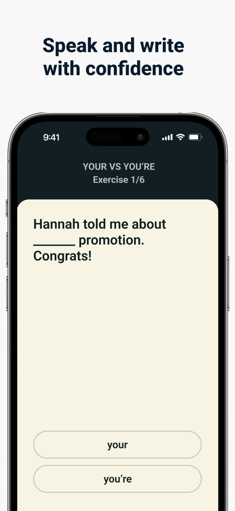 Grammar Fix - 文法修正アプリからのモバイル画面。yourとyou areの文法練習問題が表示されています。