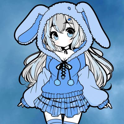 pretty anime girl wearing a fluffy hoodie with bunny ears on the hood and a skirt